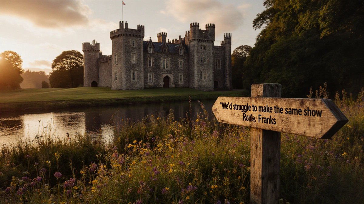 Ardross Castle stands near River Alness with stone walls and wildflowers glowing in golden dusk light