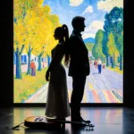 Ariana Grande and Jonathan Bailey stand back to back on stage with La Grande Jatte backdrop and abandoned instruments between