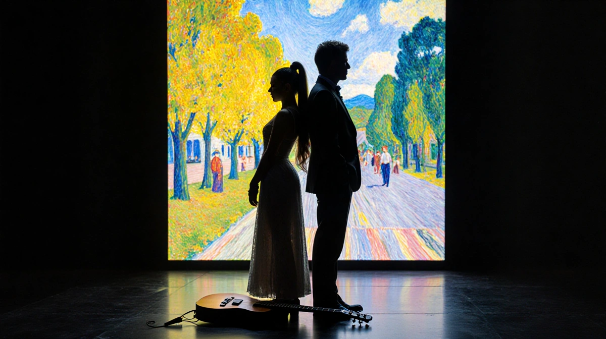 Ariana Grande and Jonathan Bailey stand back to back on stage with La Grande Jatte backdrop and abandoned instruments between