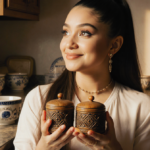 Ariana Grande smiles as she holds two softly focused wooden containers with warm kitchen lighting and vintage ceramics.