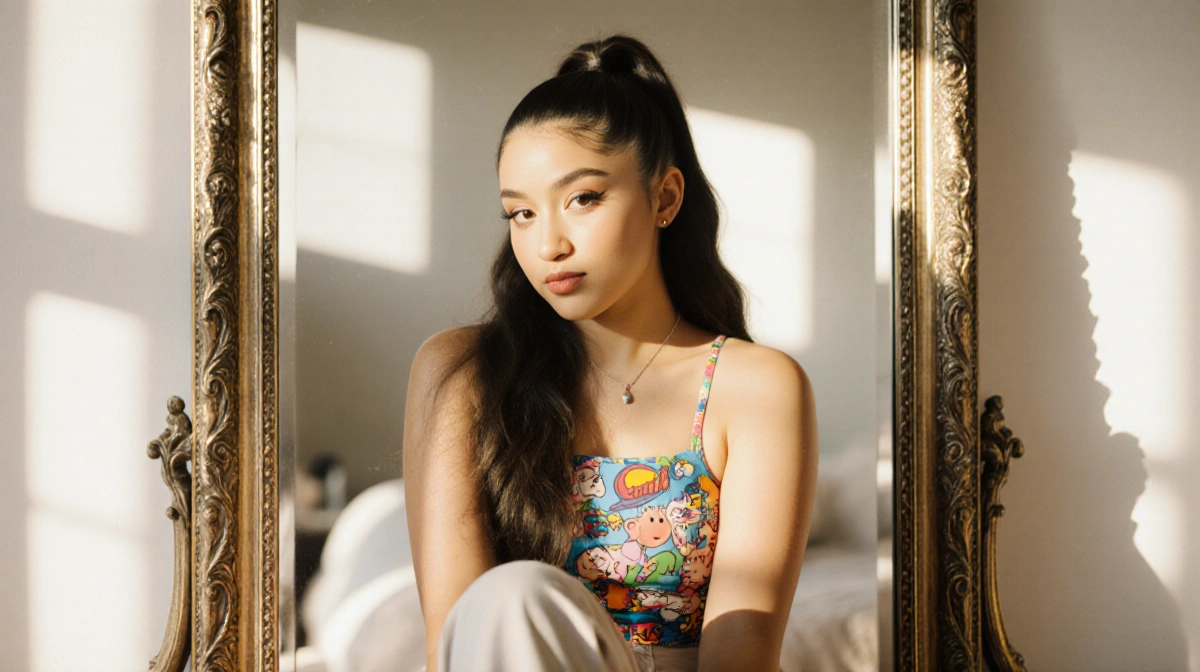 Ariana Grande sitting in front of an ornate mirror with natural light and a confident smile
