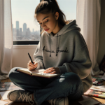 Ariana Grande sits holding a notebook with scribbled notes and soft natural light illuminating a cityscape outside.