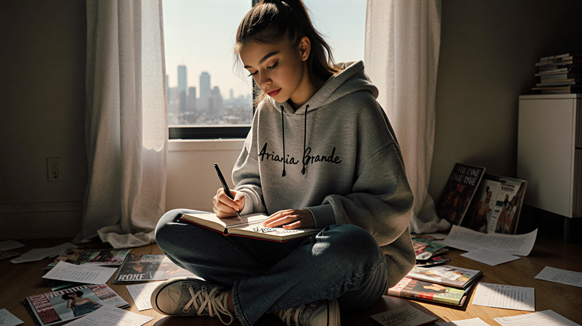 Ariana Grande sits holding a notebook with scribbled notes and soft natural light illuminating a cityscape outside.