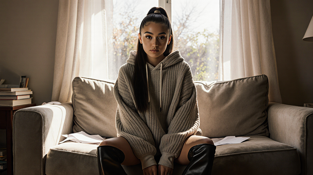 Ariana Grande sits on plush couch wearing oversized hoodie with high-cut boots and warm window light and papers scattered nea