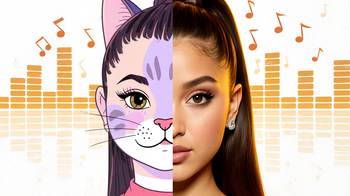 Ariana Grande stands with her Cat Valentine persona merging into her modern pop star image and musical notes floating around 