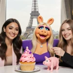 Ariana Grande Jennifer Lawrence and Emma Stone sharing cupcake with pink purple frosting and golden balloons near Paris windo