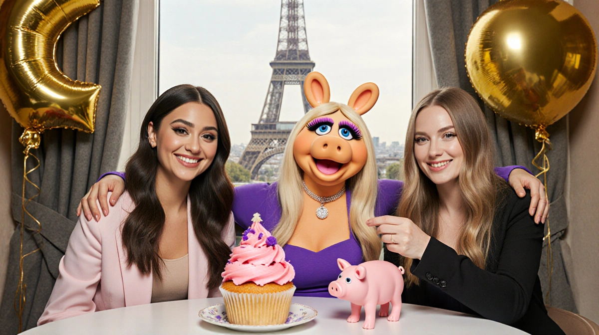 Ariana Grande Jennifer Lawrence and Emma Stone sharing cupcake with pink purple frosting and golden balloons near Paris windo