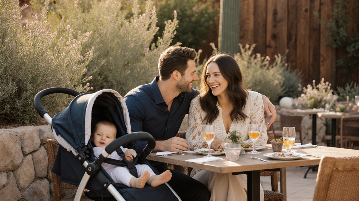 Arie Luyendyk Jr. and Lauren Burnham sharing lunch on patio with baby stroller nearby and desert plants surrounding them