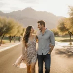 Arie Luyendyk Jr and Lauren Burnham walking hand in hand with Scottsdale desert trees and mountains behind them