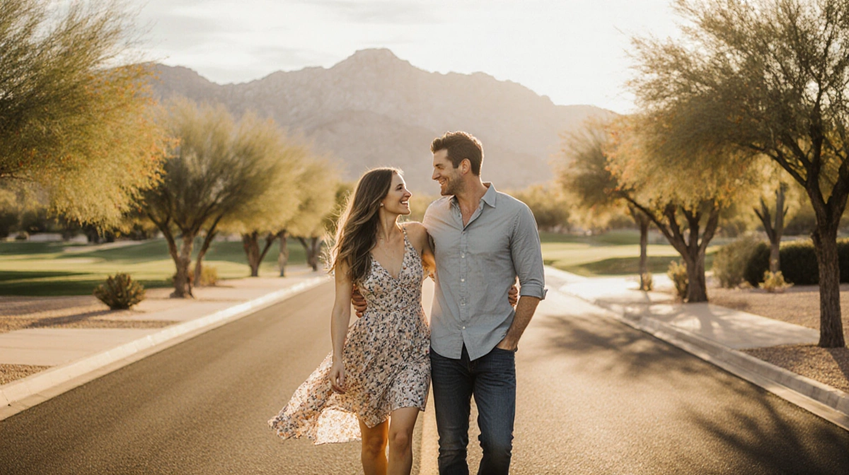Arie Luyendyk Jr and Lauren Burnham walking hand in hand with Scottsdale desert trees and mountains behind them