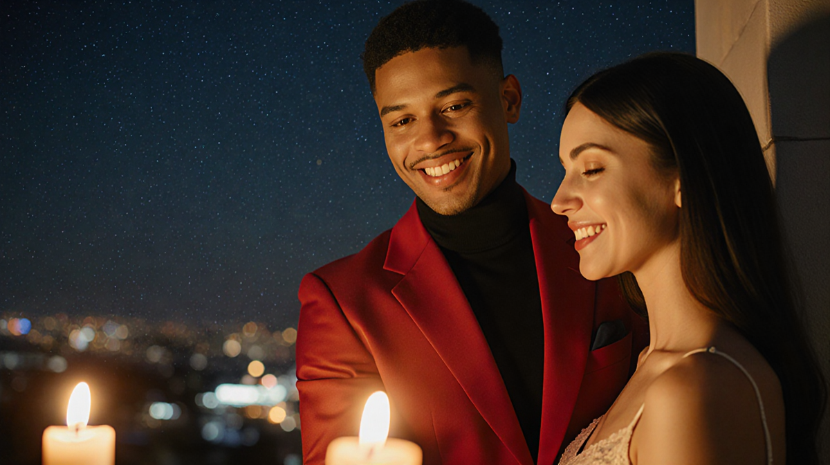 Aries man approaching smiling woman with candlelit glow and starry night backdrop