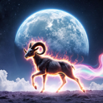 Aries ram charging toward Neptune with aurora tendrils and starry backdrop.