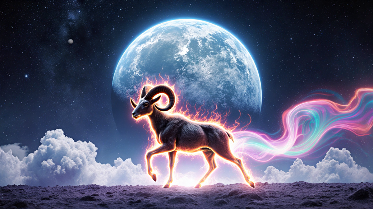 Aries ram charging toward Neptune with aurora tendrils and starry backdrop.
