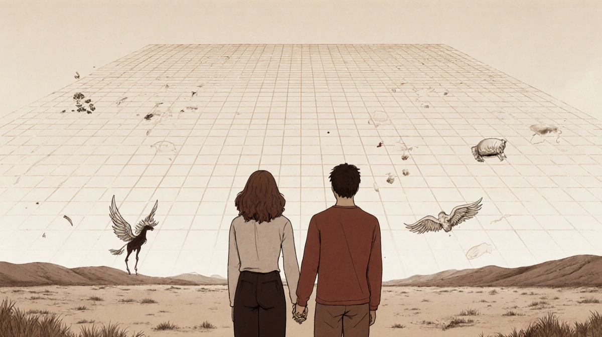 Two Aries figures stand hand in hand gazing at the horizon with broken fantasy elements scattered on the ground