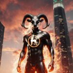 Aries stands confidently with metallic armor and zodiac emblem amid a fiery sunset cityscape with glowing skyscrapers.