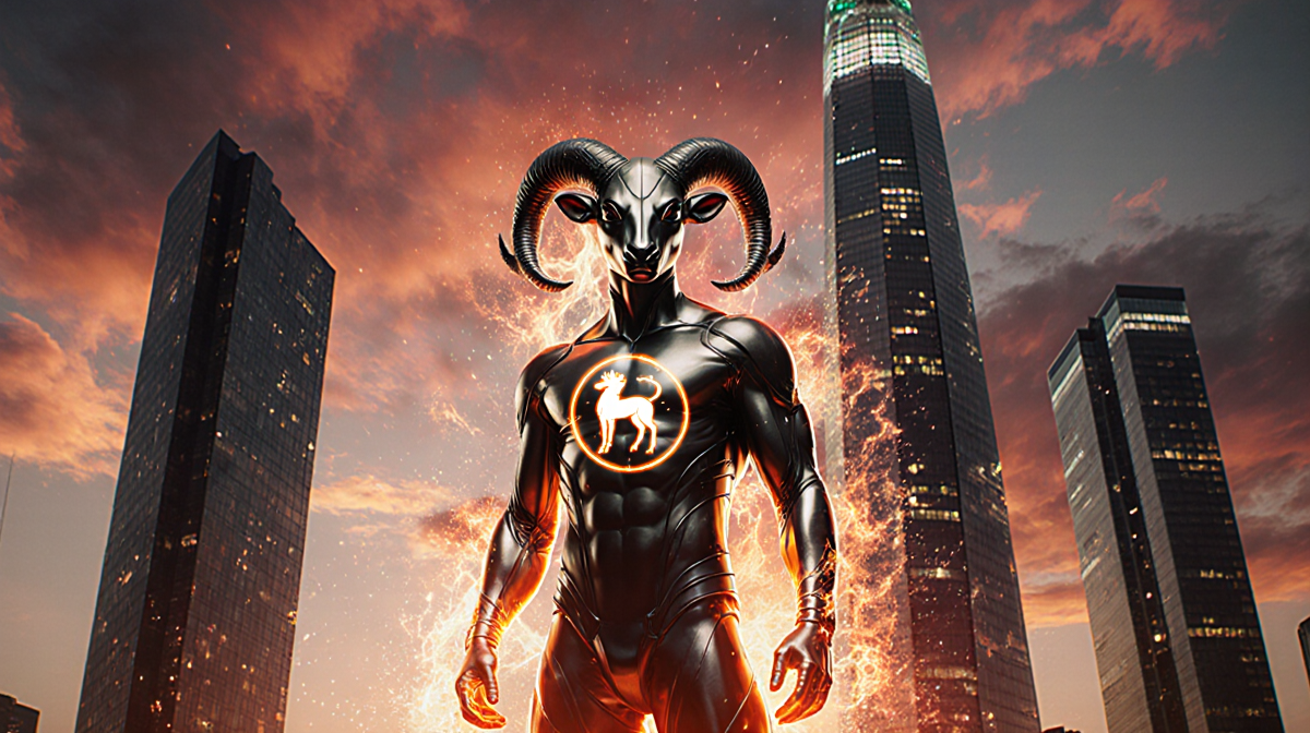 Aries stands confidently with metallic armor and zodiac emblem amid a fiery sunset cityscape with glowing skyscrapers.