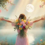 Person embraces colorful flowers with arms open and moonlit lake behind