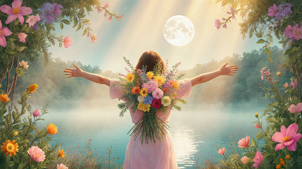 Person embraces colorful flowers with arms open and moonlit lake behind