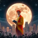 Lone figure stands with moonlit cityscape behind them holding journal while wearing fiery orange and red clothes