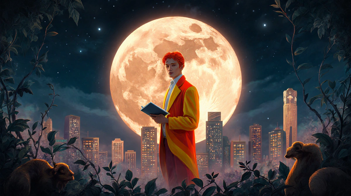 Lone figure stands with moonlit cityscape behind them holding journal while wearing fiery orange and red clothes