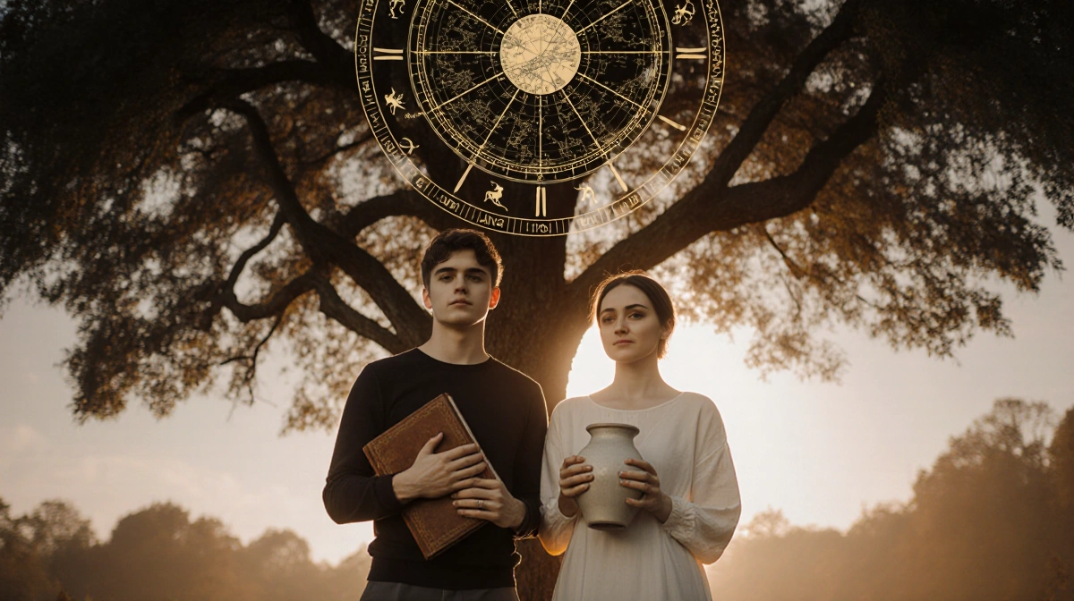 Two people stand beneath a tree with a glowing zodiac wheel overhead as Aries holds a leather book and Taurus cradles a handm