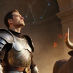 Aries warrior stands confidently in gleaming armor with Taurus bull and Capricorn constellation overhead