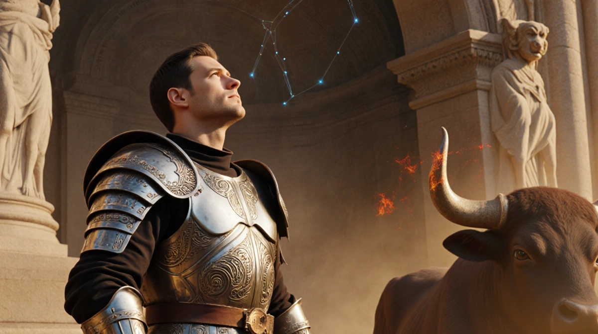 Aries warrior stands confidently in gleaming armor with Taurus bull and Capricorn constellation overhead