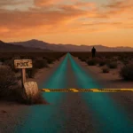 Turquoise desert road stretches into golden sunset with police tape and fallen sign marking the scene