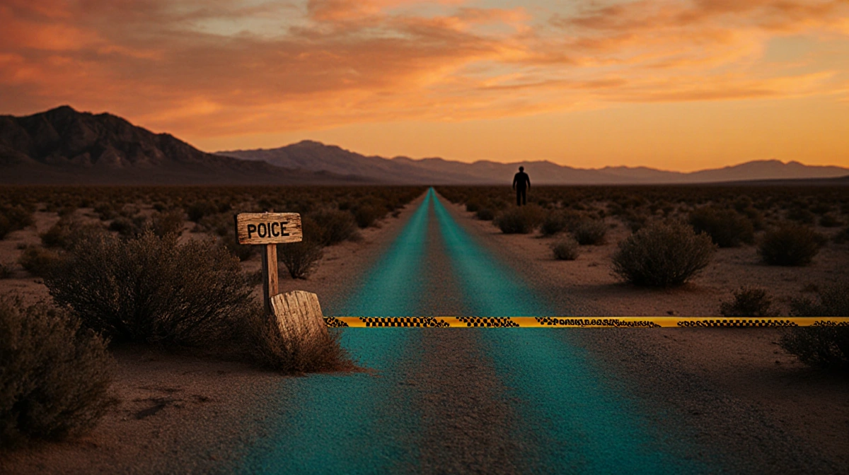 Turquoise desert road stretches into golden sunset with police tape and fallen sign marking the scene