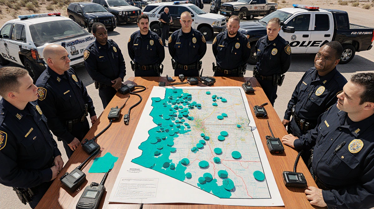 Law enforcement teams studying Arizona map with turquoise alert markers and radio equipment scattered across table