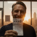Arkansas resident holding Powerball ticket with sunset cityscape backdrop and warm glow from glass prize case reflecting exci