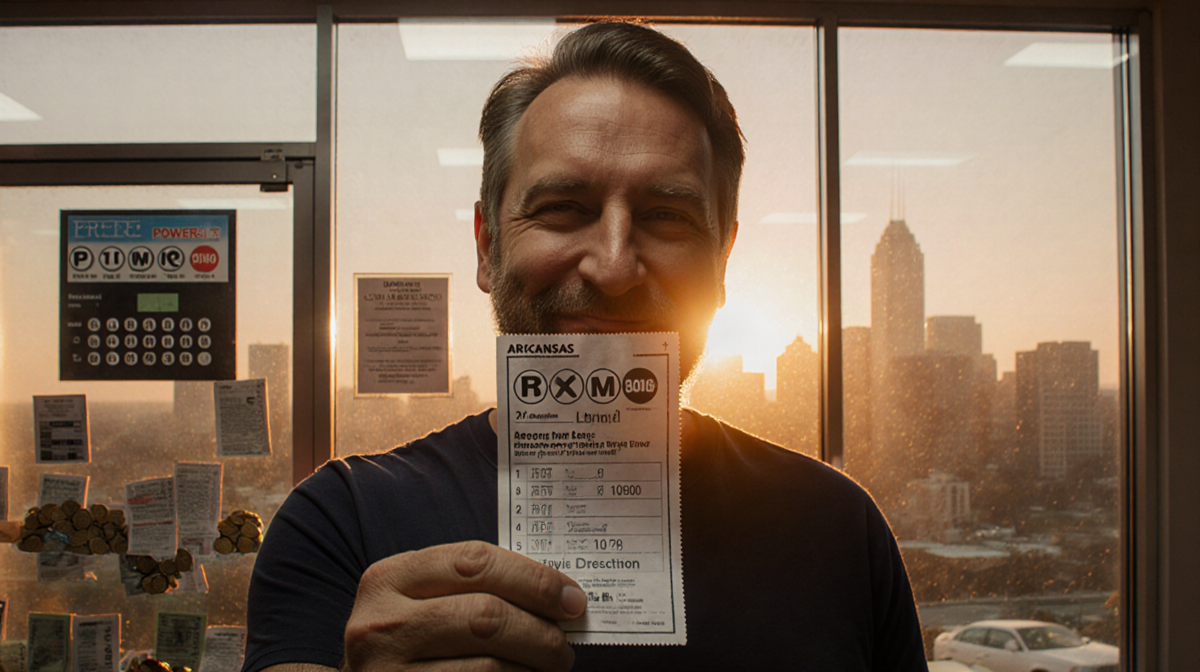 Arkansas resident holding Powerball ticket with sunset cityscape backdrop and warm glow from glass prize case reflecting exci