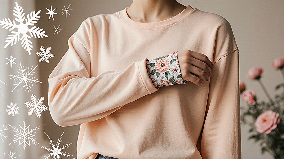 Arm wearing long-sleeve top revealing floral pattern under pastel tee with blurred season of snowflakes and spring flowers