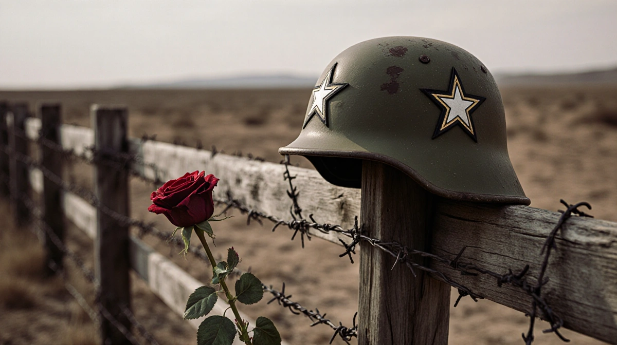 Weathered army helmet leans against barbed wire fence with single blooming rose in foreground