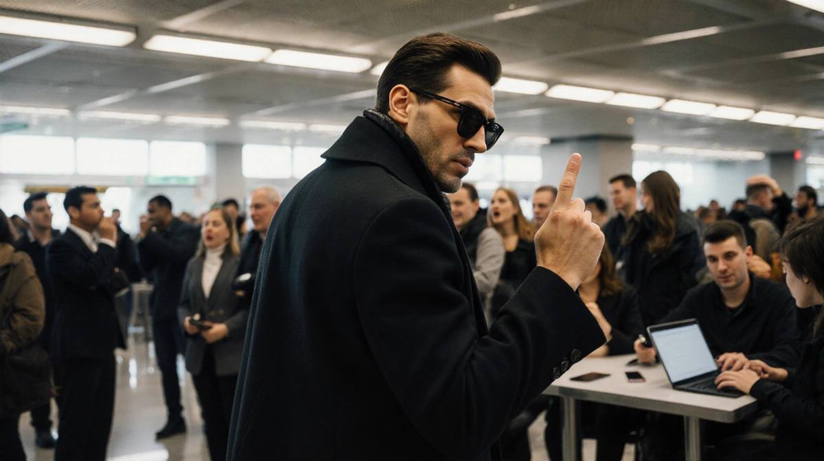 François Arnaud flipping off camera with shocked travelers and phones visible at JFK airport terminal