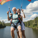 Arnold Lokken parasailing above a lake with Dr. Amy Hilde‑Philips hugging him and a joyful expression