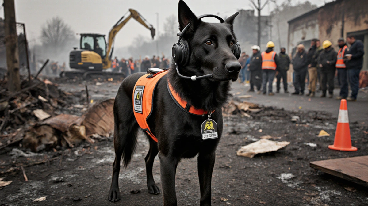 Timber the K-9 fire accelerant detection dog sniffs debris with orange vest and headset showing focused concentration