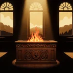 Jury foreman stands in carved wooden jury box with flame details and Palisades Park visible through courthouse windows