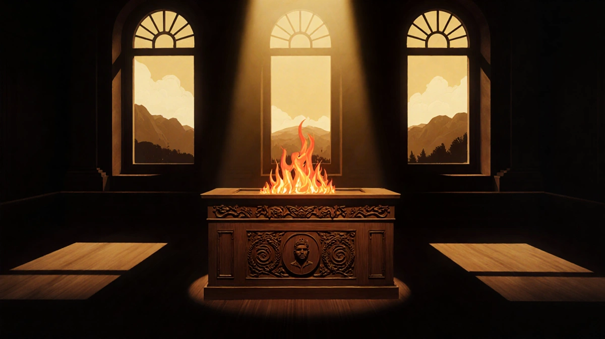 Jury foreman stands in carved wooden jury box with flame details and Palisades Park visible through courthouse windows