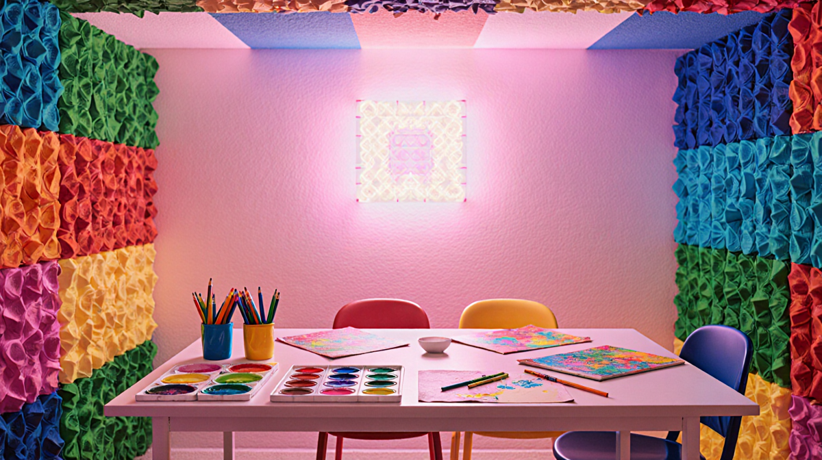 Table holding paints and markers with half-finished projects and rainbow accents in a soft pink light.