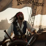 Pirate captain Artemis Slay at the helm of a ship with a cutlass on the railing and sails billowing light over Port Royal.