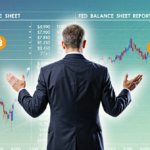 Arthur Hayes stands pointing at a Bitcoin price chart with a blue-green background and a glow around his head