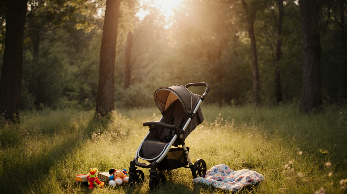 Empty stroller sits in meadow with golden light and scattered baby items