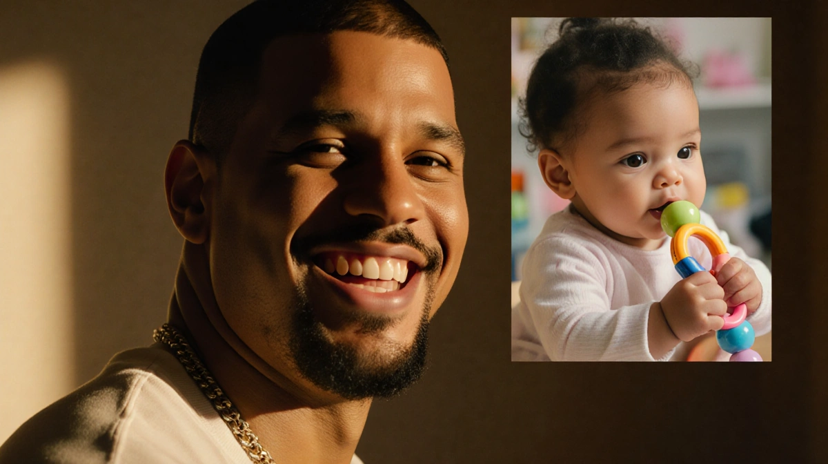 A$AP Rocky smiling warmly with baby girl playing with rattle behind him showing cozy family moment