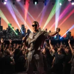 A$AP Rocky performing on stage at concert with microphone and bright city lights at sunset