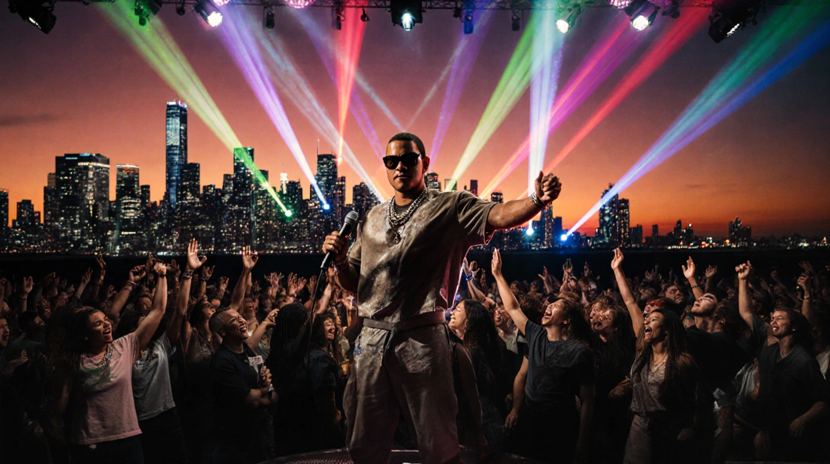 A$AP Rocky performing on stage at concert with microphone and bright city lights at sunset