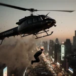 A$AP Rocky floats above the city with helicopter blades spinning and neon lights glowing below
