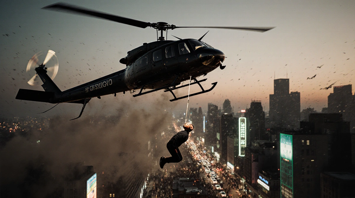A$AP Rocky floats above the city with helicopter blades spinning and neon lights glowing below