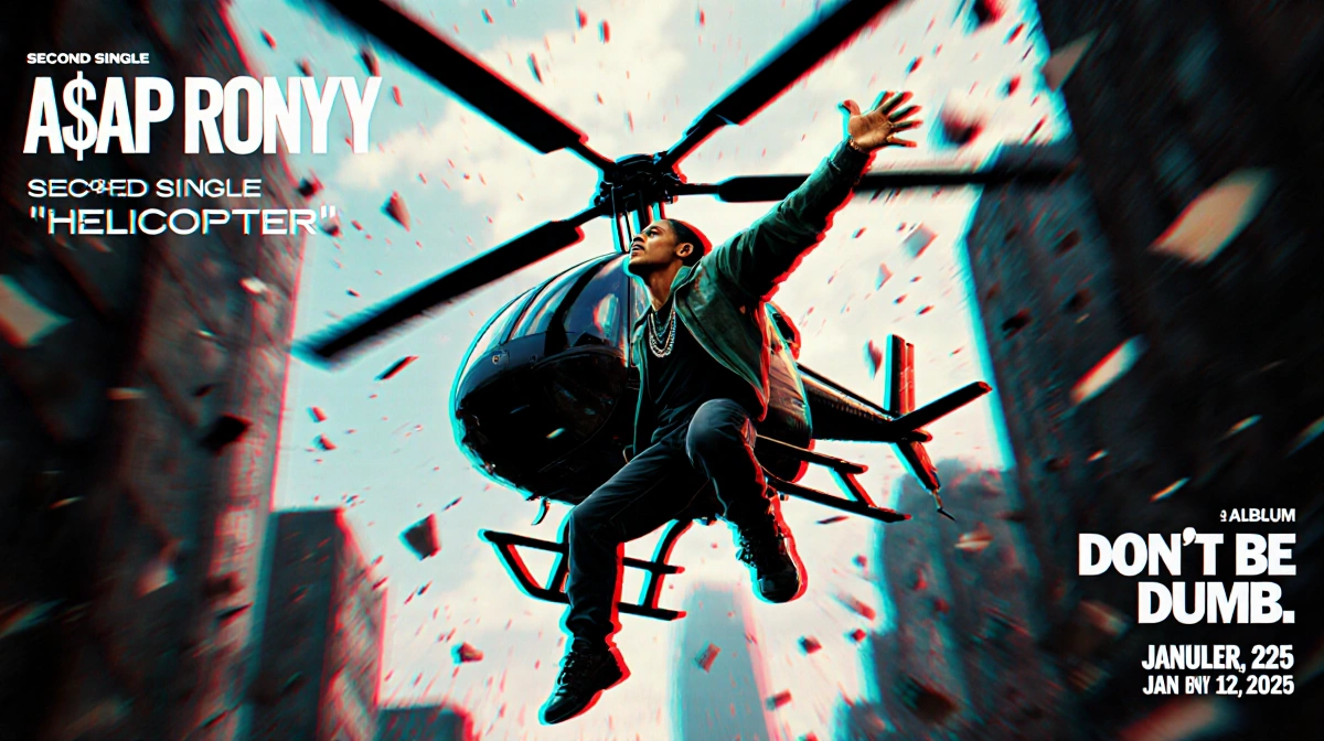A$AP Rocky hangs from spinning helicopter with blurred cityscape and bright colors showing music video energy