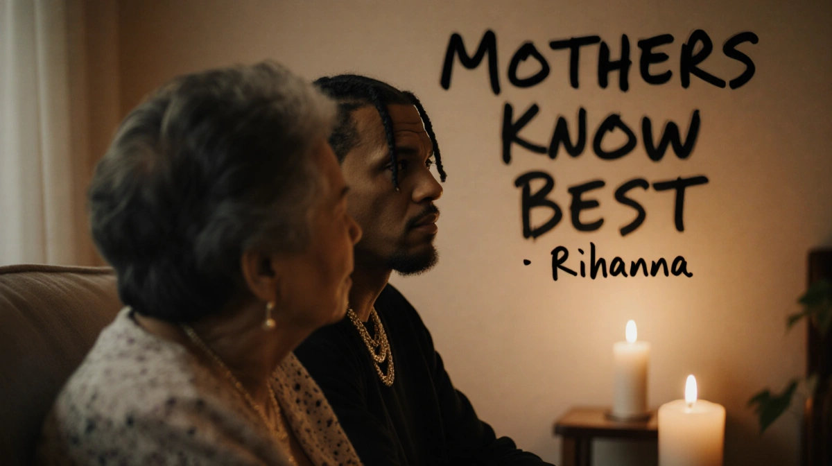 A$AP Rocky sitting across from his mother with candlelight glow and Mothers Know Best lyrics on the wall